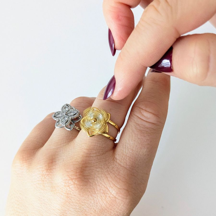 Bague Anti-Stress Tournante Pour Femme - Forme Tournesol Avec Strass - Réglable, En Cuivre Et Oxyde De Zirconium - Cadeau Relaxation - 6