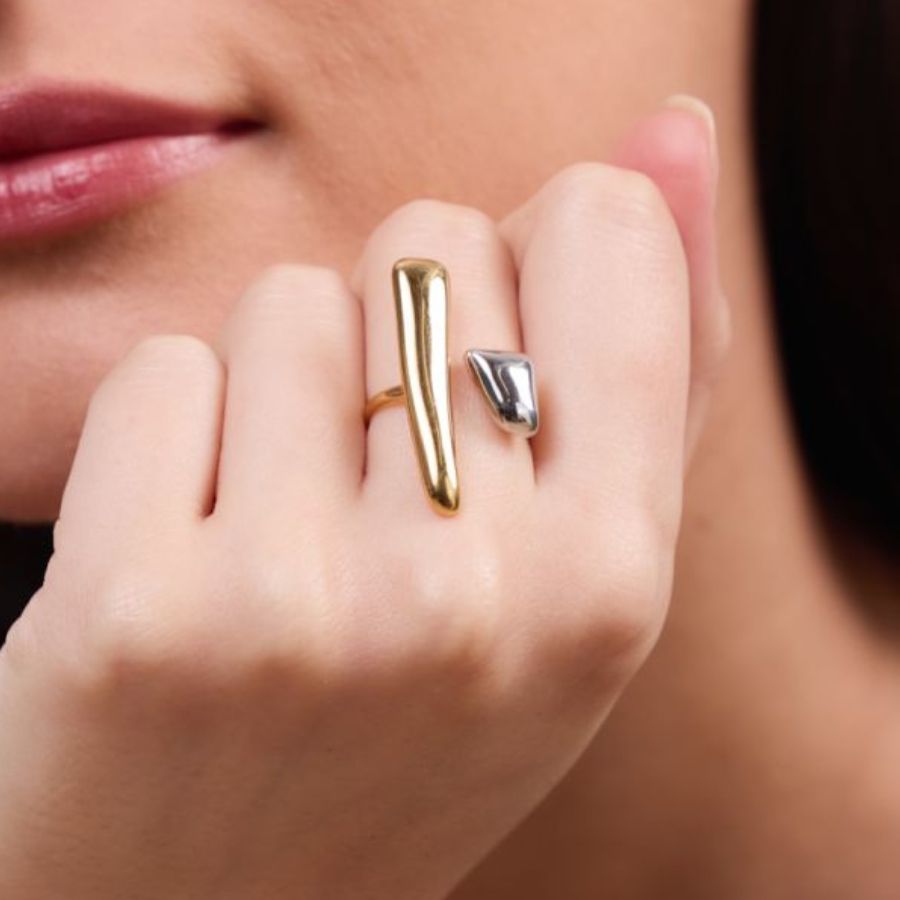 Bague originale asymétrique en acier inoxydable bicolore | Tamara