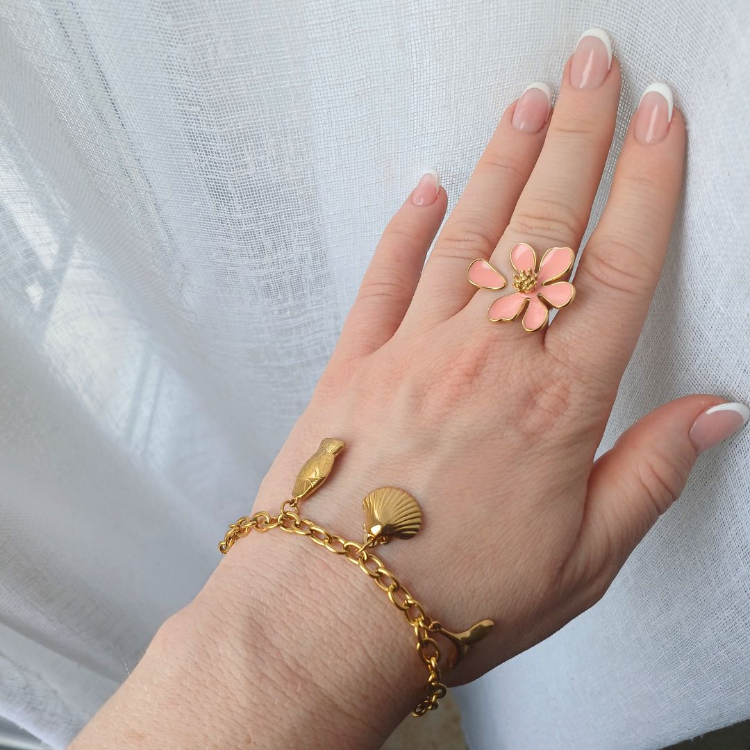 Bague fantaisie réglable fleur rose pâle en acier inoxydable doré
