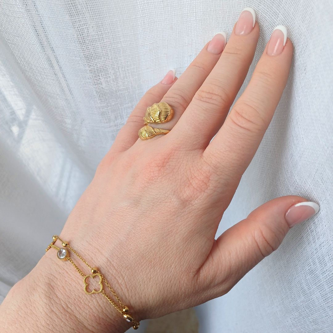 Bague goutte d&#39;eau coquillage acier inoxydable doré