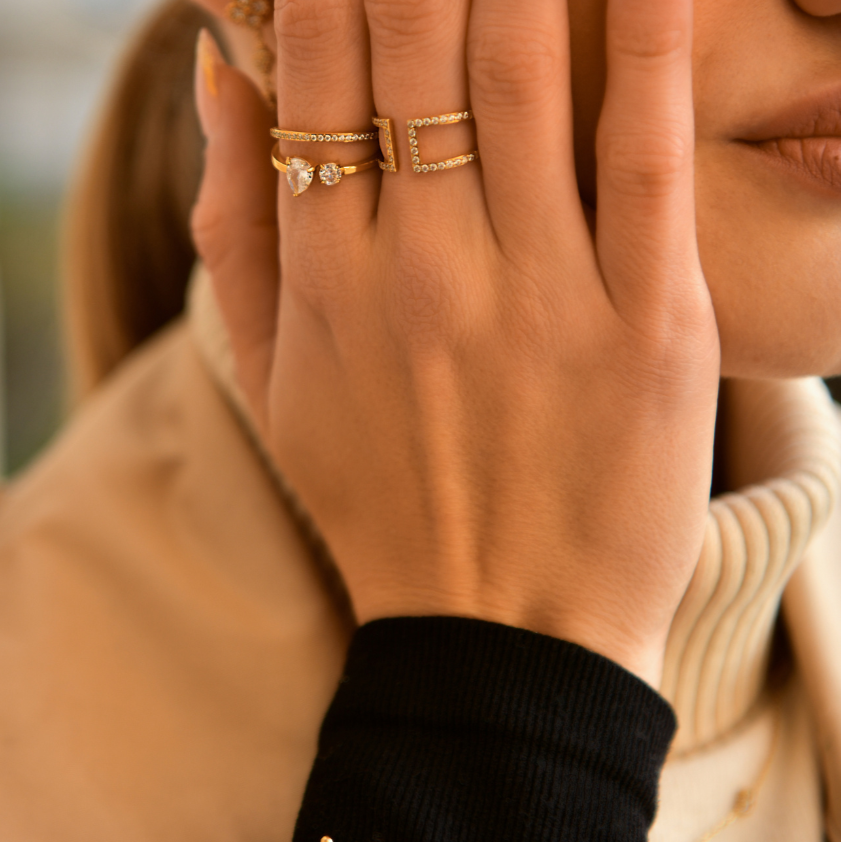Bague strass double rang avec coeur strass en acier inoxydable doré