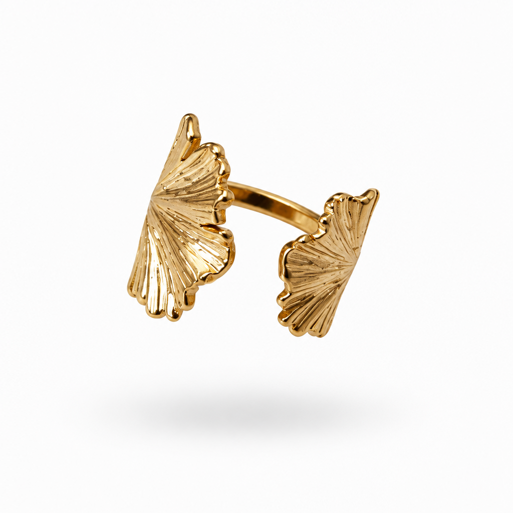 Bague feuille ginkgo ouverte en acier inoxydable doré