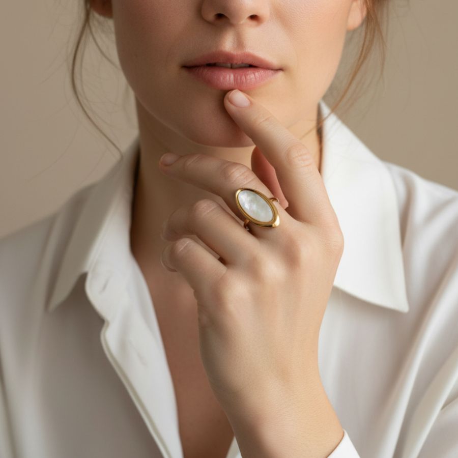 Anillo ancho fantasía de nácar blanco