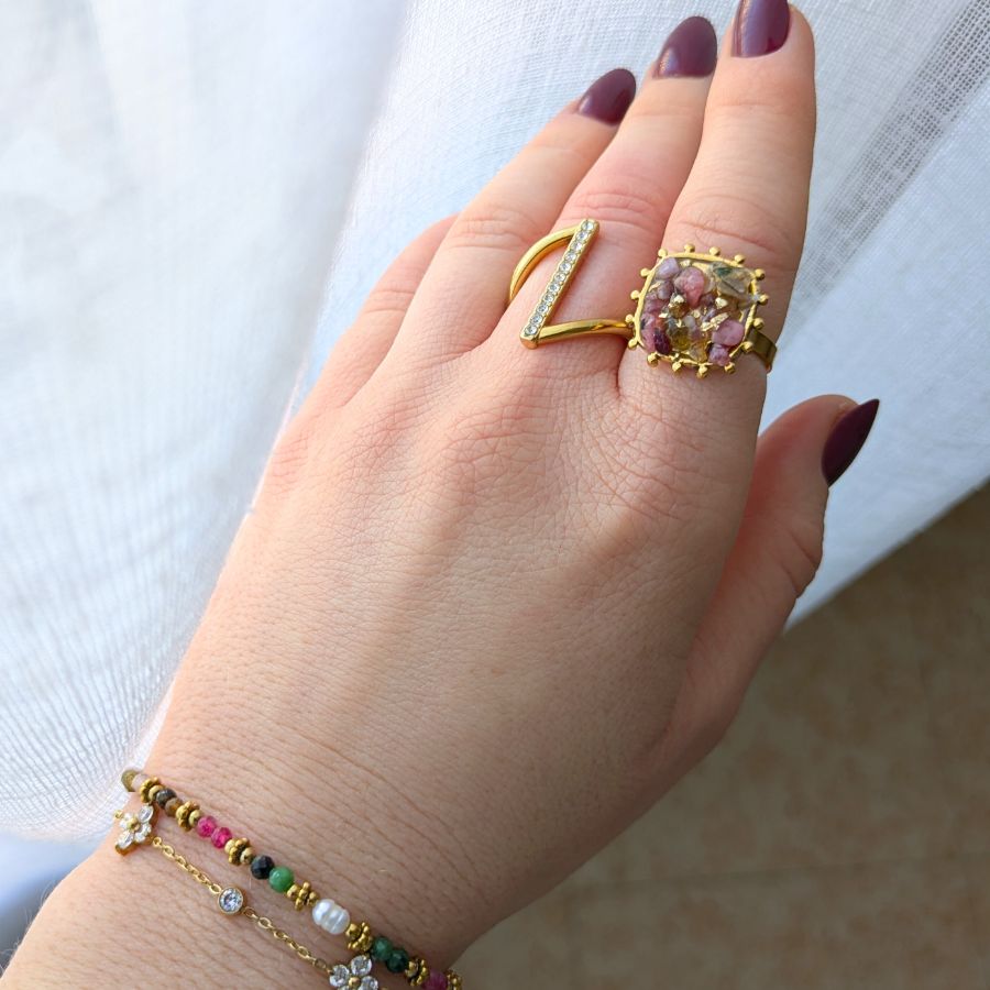 Bague originale tourmaline rose en acier inoxydable doré - Keira