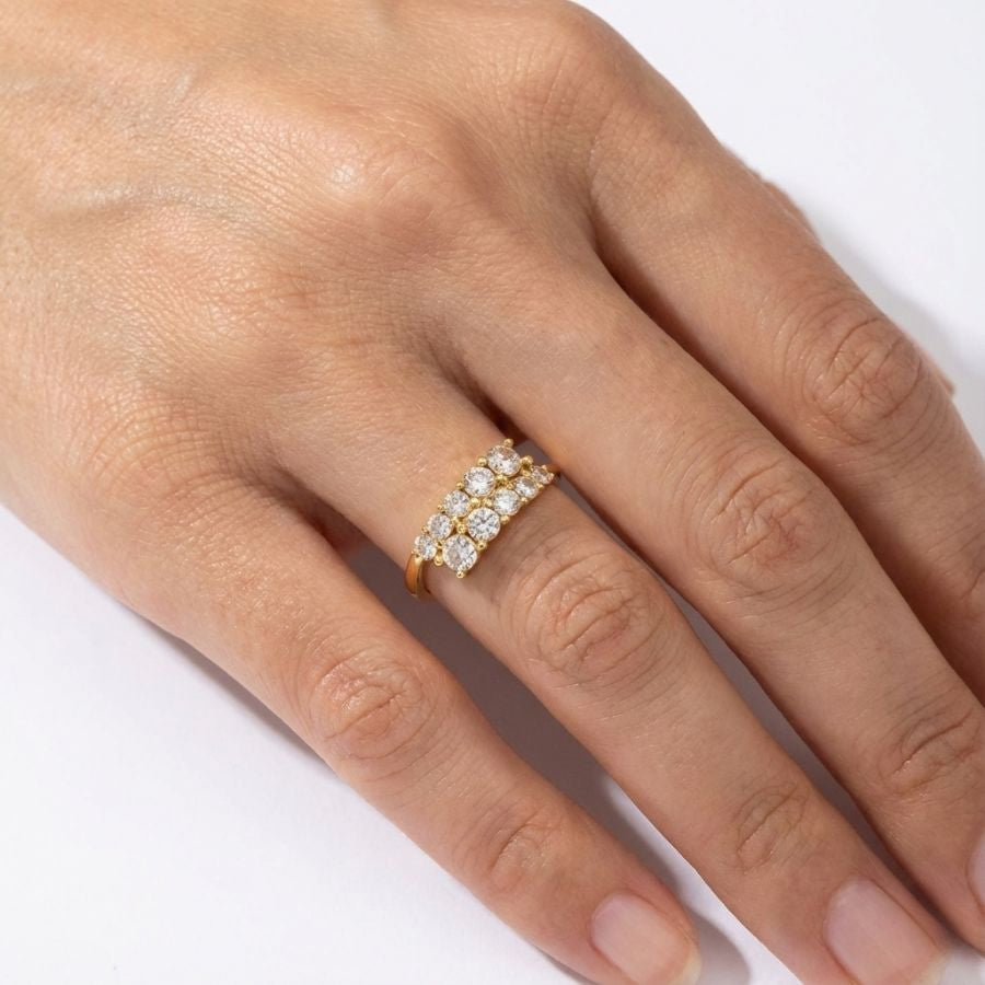 Bague réglable strass double rang acier inoxydable doré