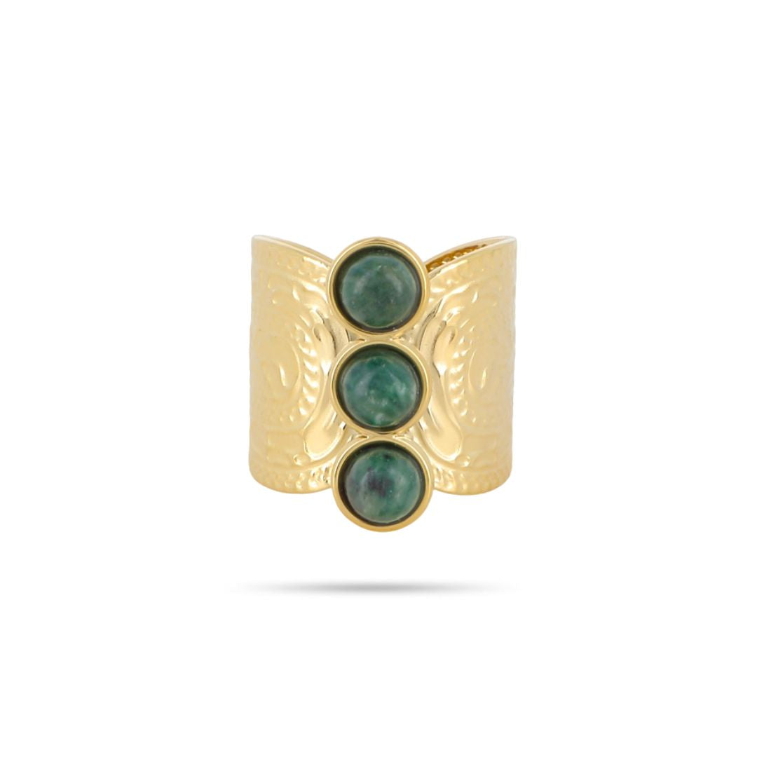 Bague fantaisie pierres naturelles jaspe vert en acier inoxydable doré