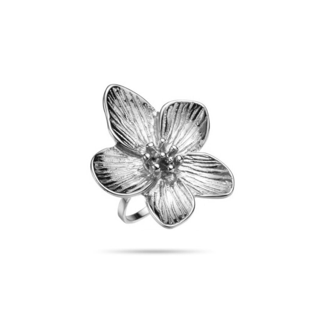 bague fleur de cerisier en acier inoxydable argenté