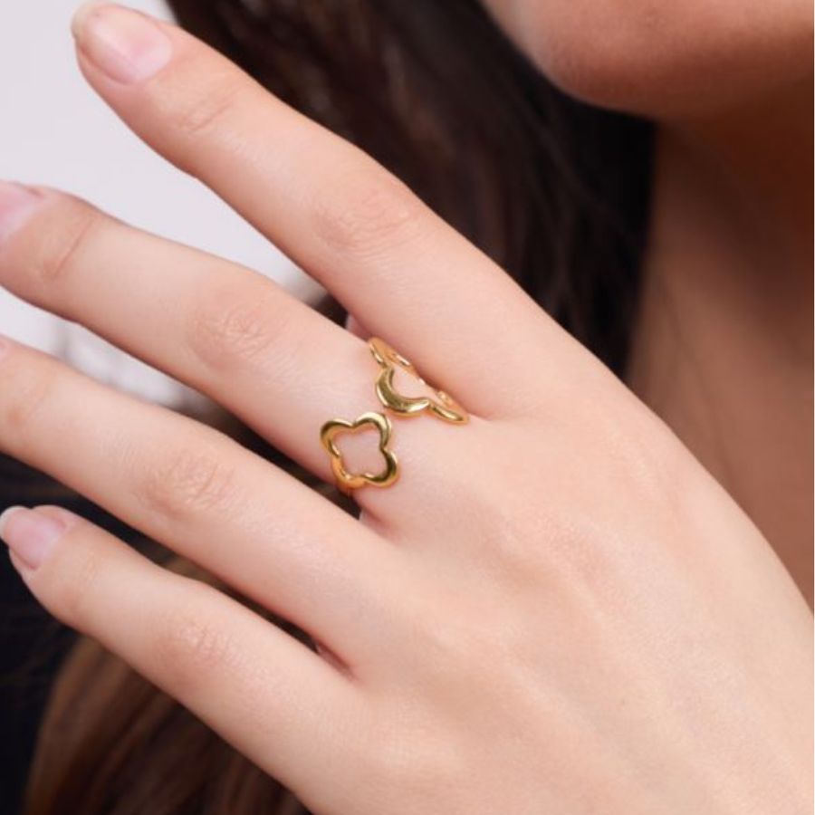 Bague fantaisie ouverte trèfle en acier inoxydable doré | Dia