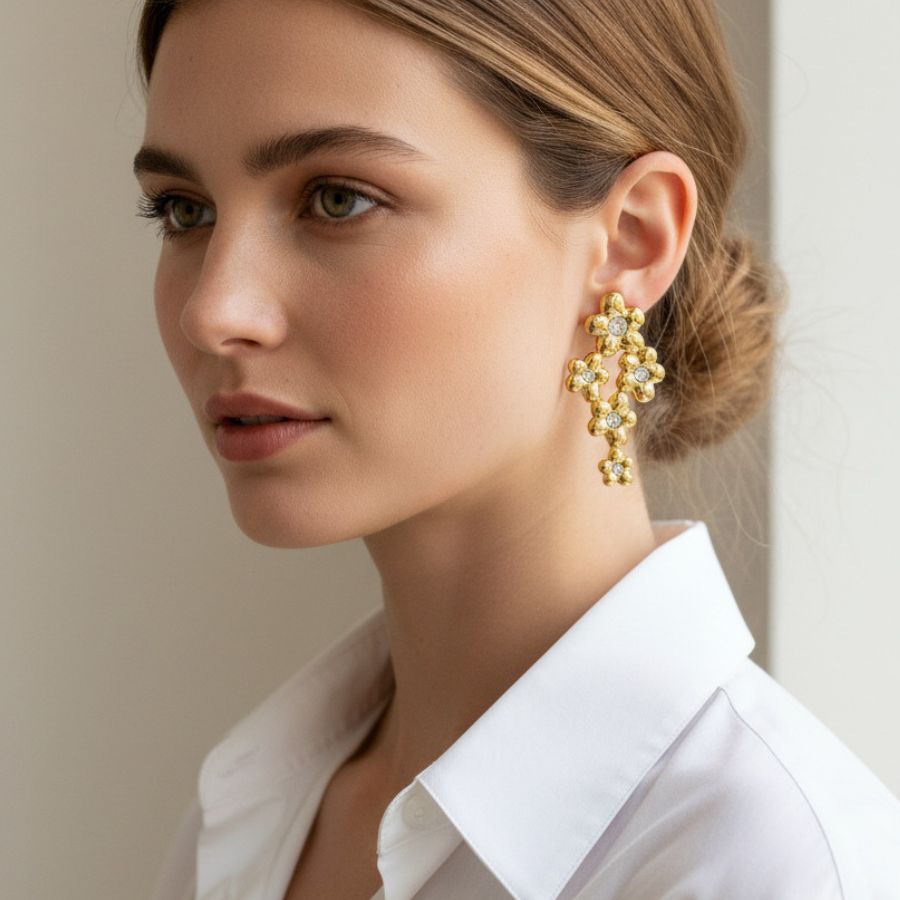 Boucles d'oreilles pendantes fleurs et strass en acier inoxydable doré | Rosy