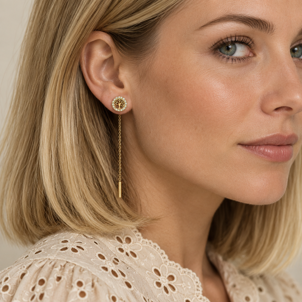 Boucles d'oreilles pendantes arbre de vie à strass en acier inoxydable
