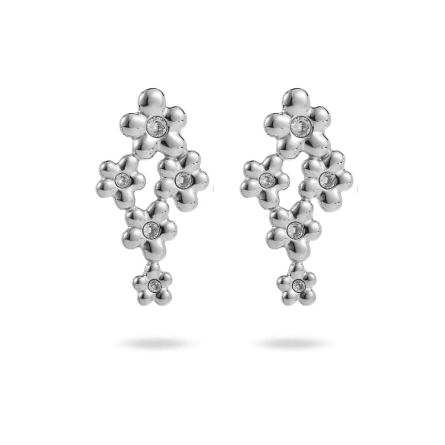 Boucles d'oreilles pendantes fleurs et strass en acier inoxydable doré - Rosy