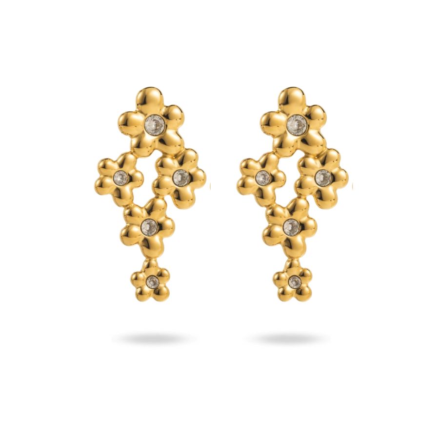 Boucles d'oreilles pendantes fleurs et strass en acier inoxydable doré - Rosy
