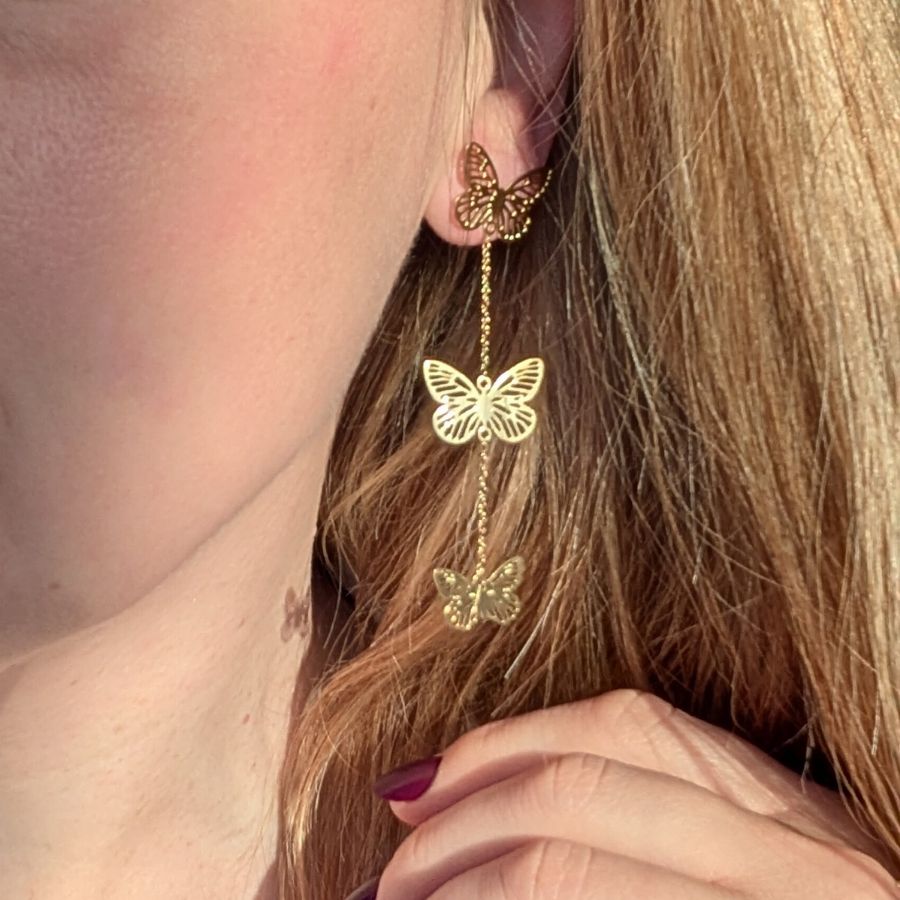 Boucles d&#39;oreilles pendantes papillon en acier inoxydable doré - Magali