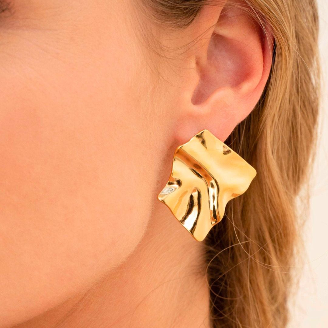 Boucles d'oreilles carrées effet froissé en acier inoxydable doré