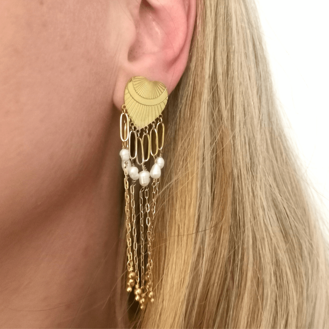 Boucles d'oreilles coeur doré acier inoxydable avec franges à maillons et perles d'eau douce
