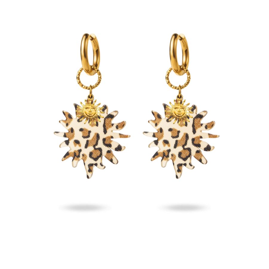 Créoles léopard et breloque soleil en acier inoxydable doré | Rana