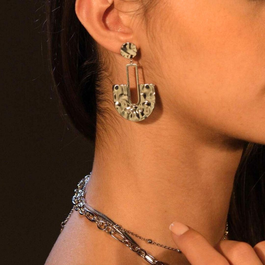 Boucles d&#39;oreilles pendantes originales arche acier inoxydable argenté - Eva