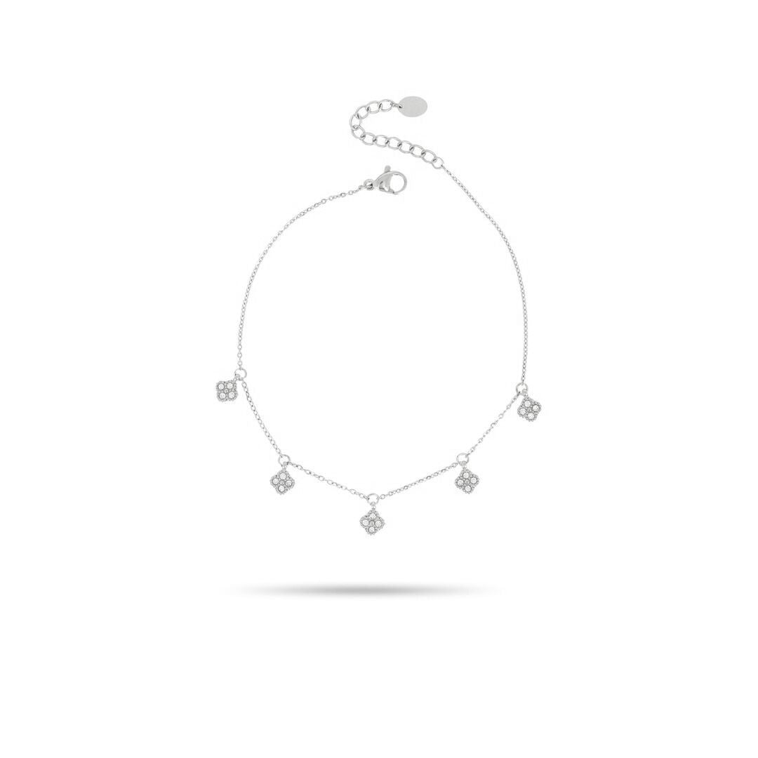 Bracelet de cheville avec mini pampilles trèfle en acier inoxydable argenté