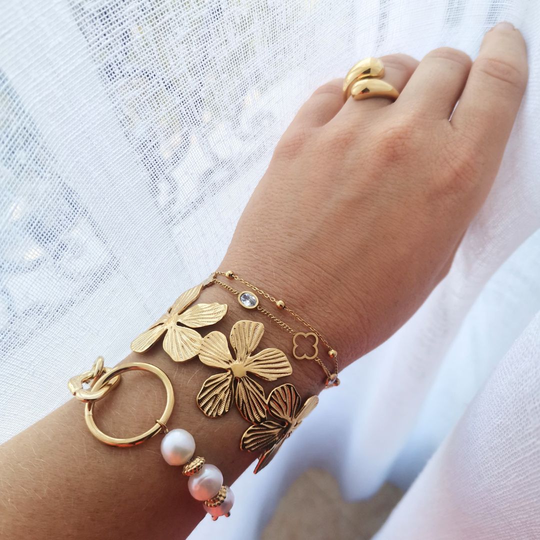 Bracelet jonc fleur acier inoxydable doré