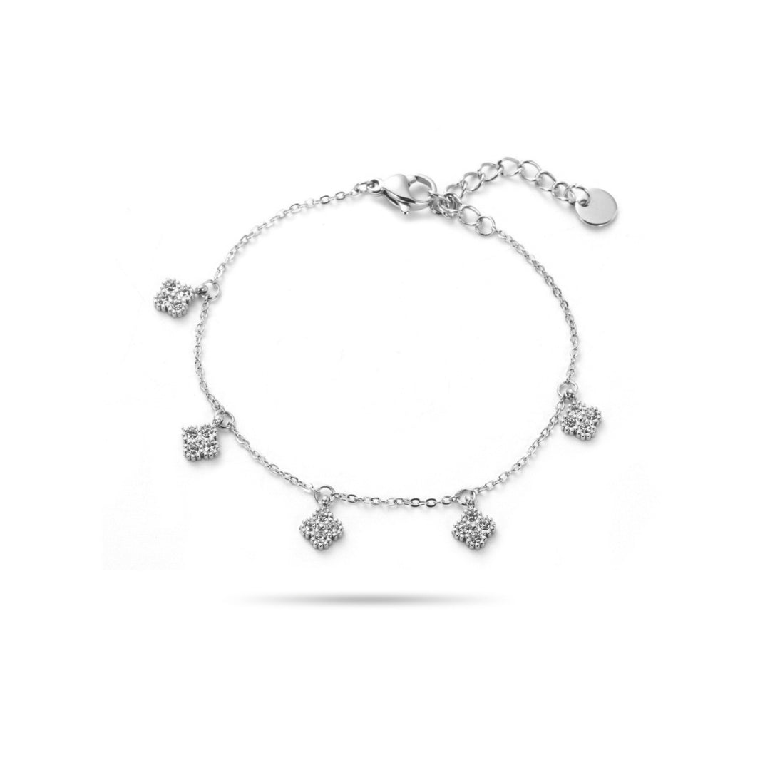 Bracelet fantaisie mini pampilles trèfles avec strass en acier inoxydable argenté