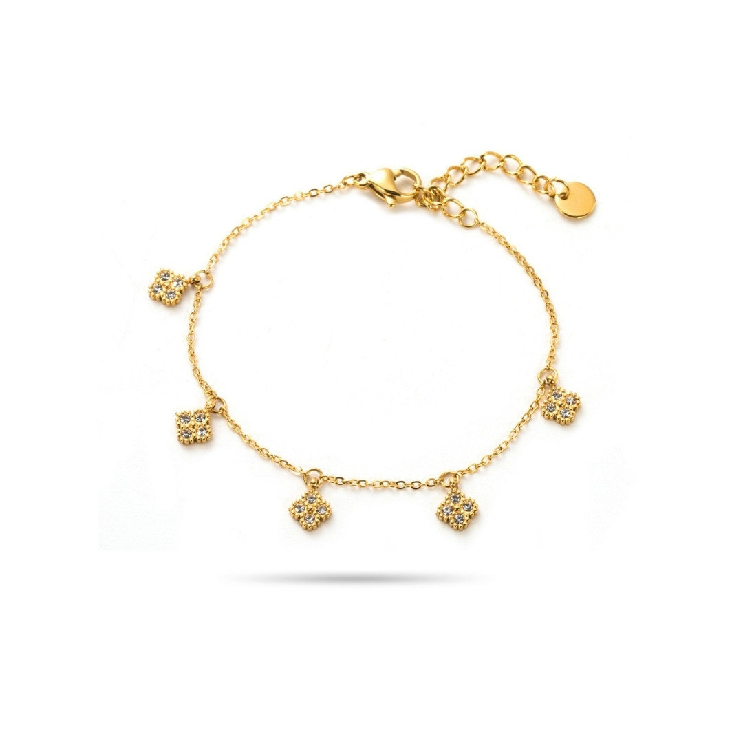 Bracelet fantaisie mini pampilles trèfles avec strass en acier inoxydable doré