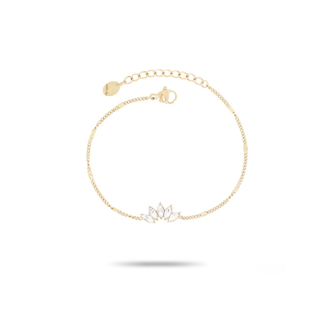 Bracelet fantaisie feuille strass blanc en acier inoxydable doré