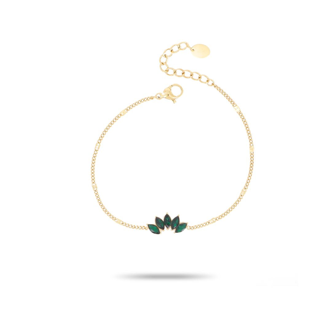 Bracelet fantaisie feuille strass vert en acier inoxydable doré