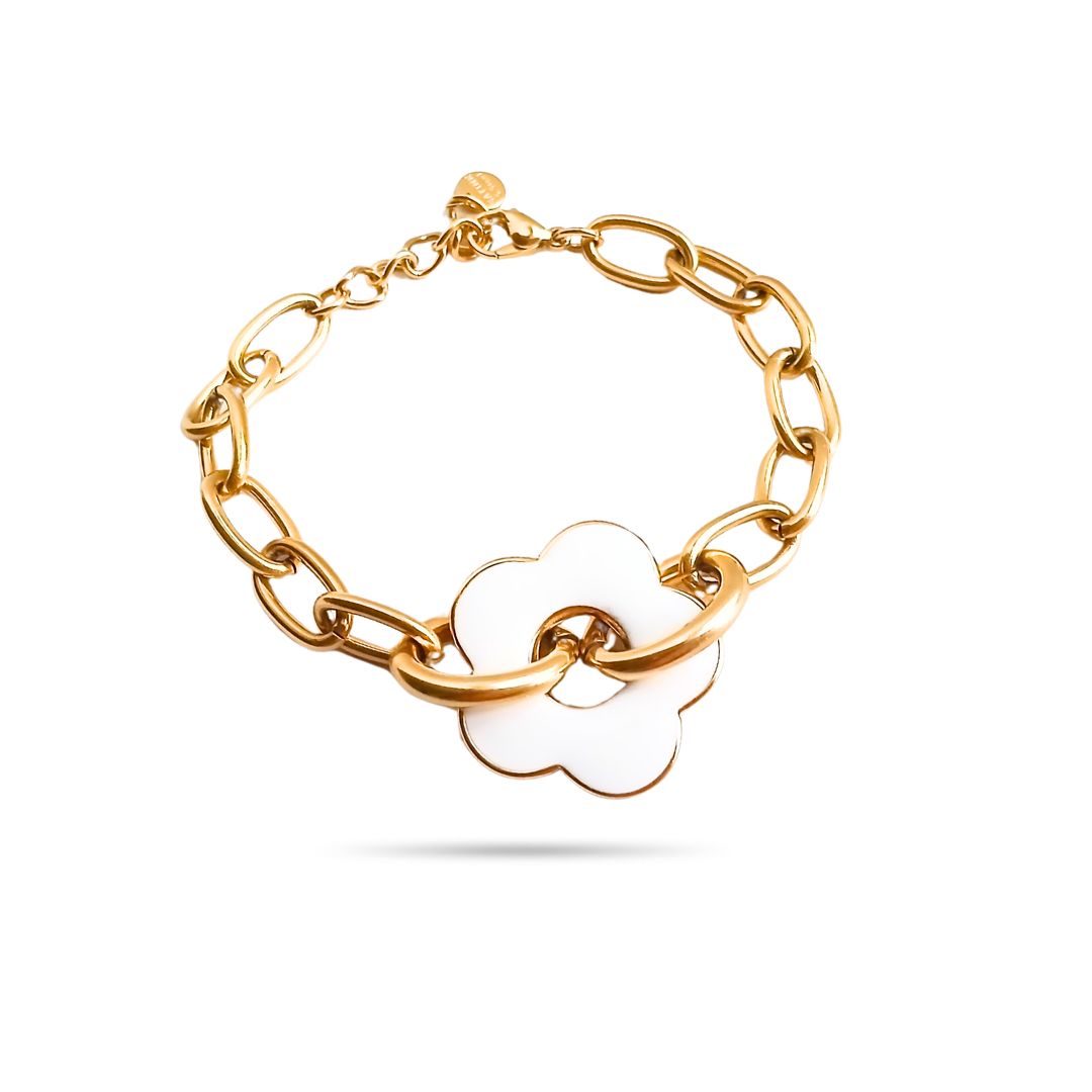 Bracelet fantaisie fleur blanche en acier inoxydable doré - Clémentine