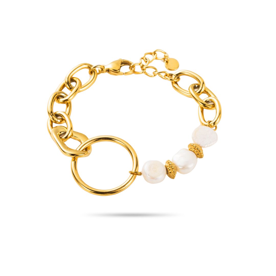 Bracelet nacre blanche avec anneaux en acier inoxydable doré - Liana