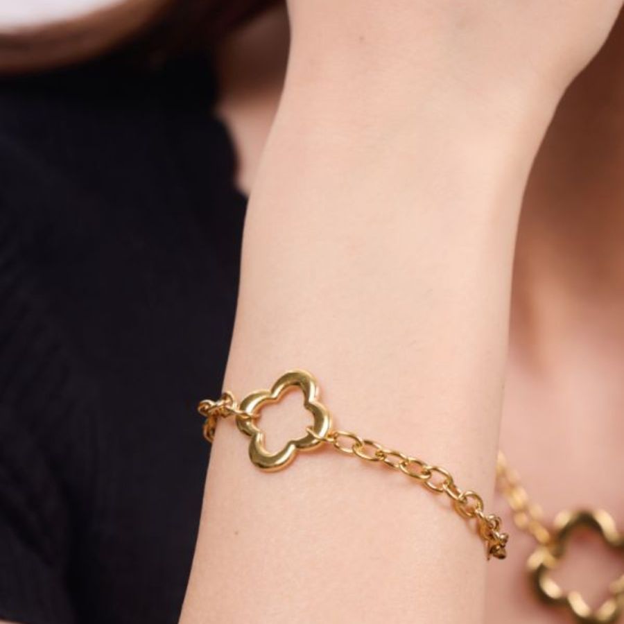 Bracelet fantaisie trèfle en acier inoxydable argenté