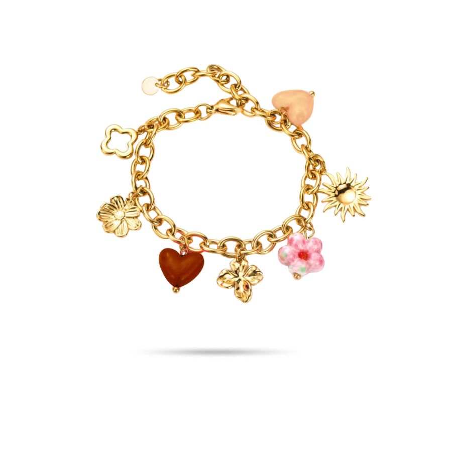 Bracelet breloques coeur et fleurs en acier inoxydable doré | Cléo