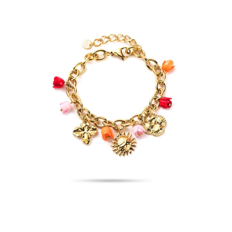 Bracelet breloques fleurs et soleil en acier inoxydable doré | Mila