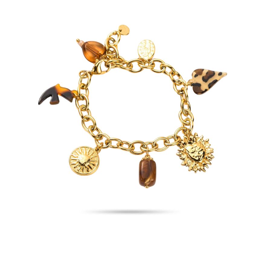 Bracelet breloques hirondelle soleil et charm motif léopard en acier inoxydable doré | Nemera