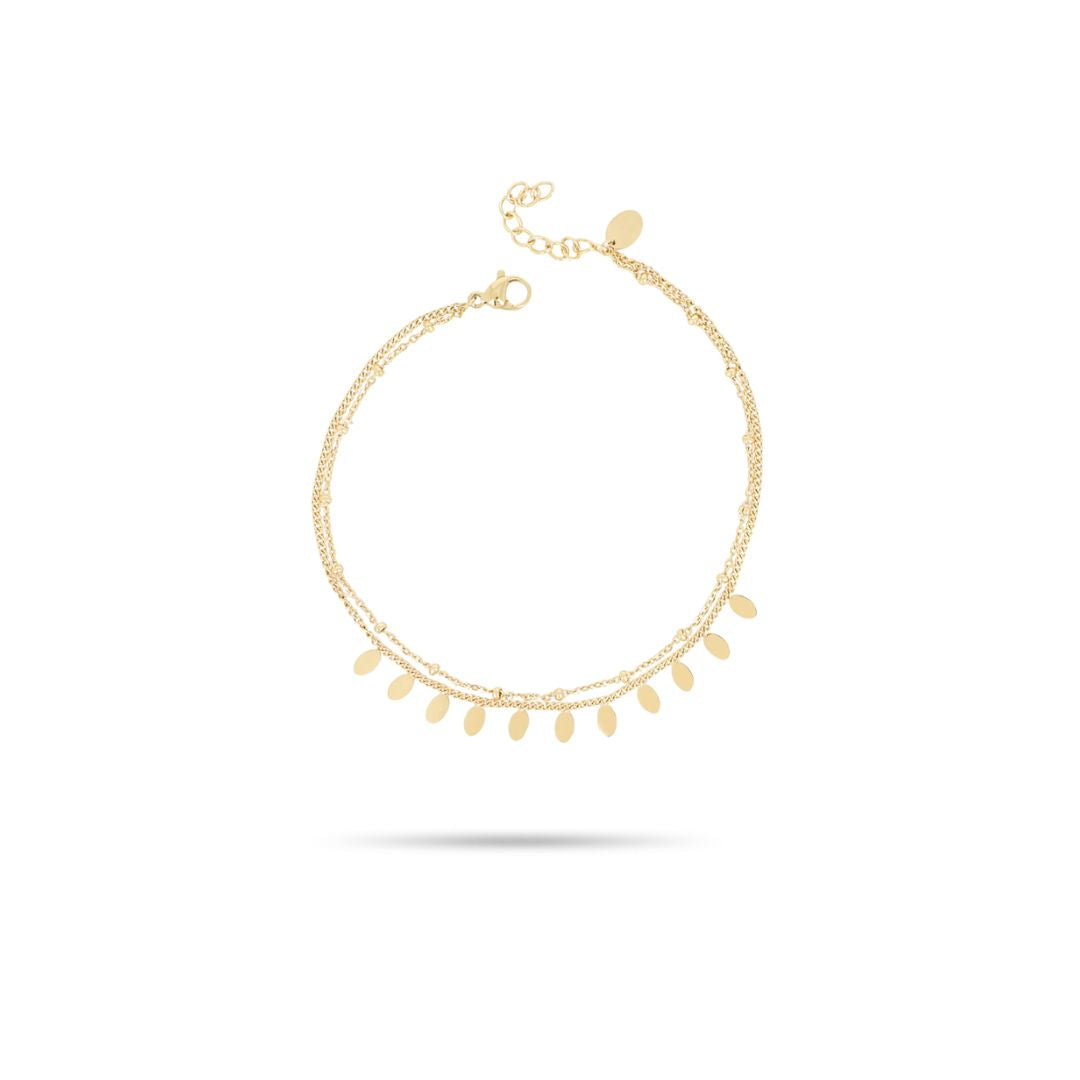Bracelet cheville 2 rangs avec pampilles ovales en acier inoxydable doré