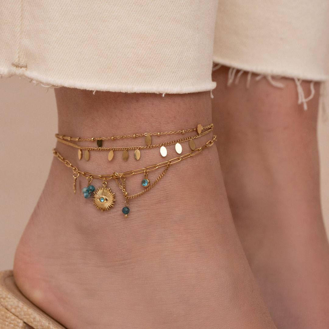 Bracelet cheville 2 rangs avec pampilles ovales en acier inoxydable doré