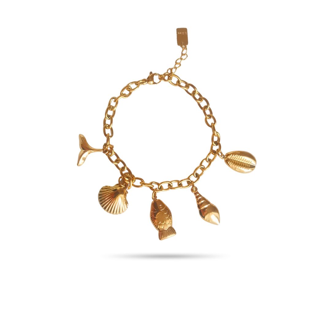 bracelet fantaisie breloques coquillages et étoile de mer en acier inoxydable doré