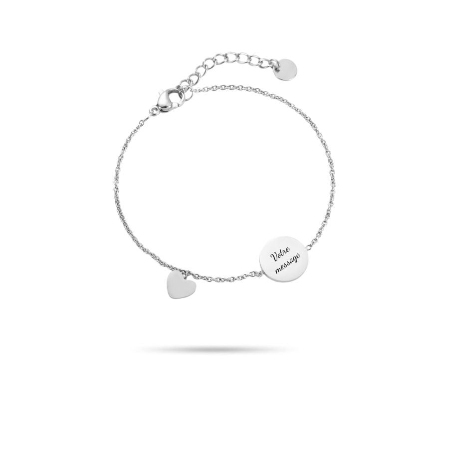 Bracelet femme cible au recto et médaille à graver au verso en acier inoxydable argenté