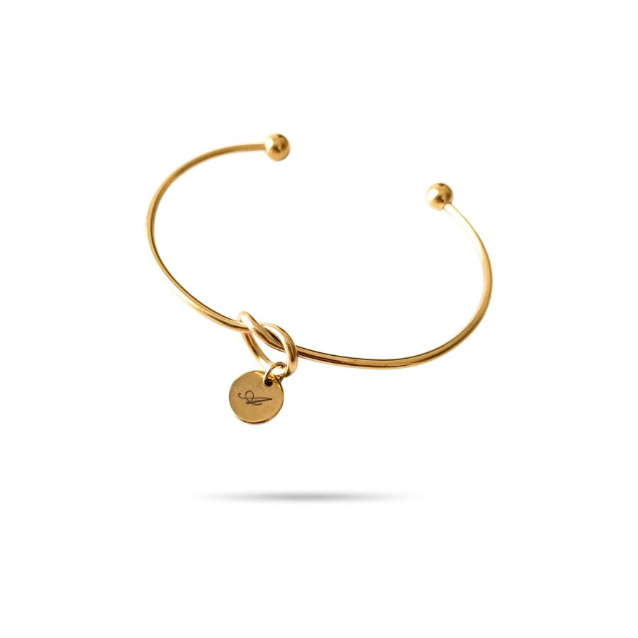 Bracelet jonc noeud avec médaille à graver en acier inoxydable doré - Irina