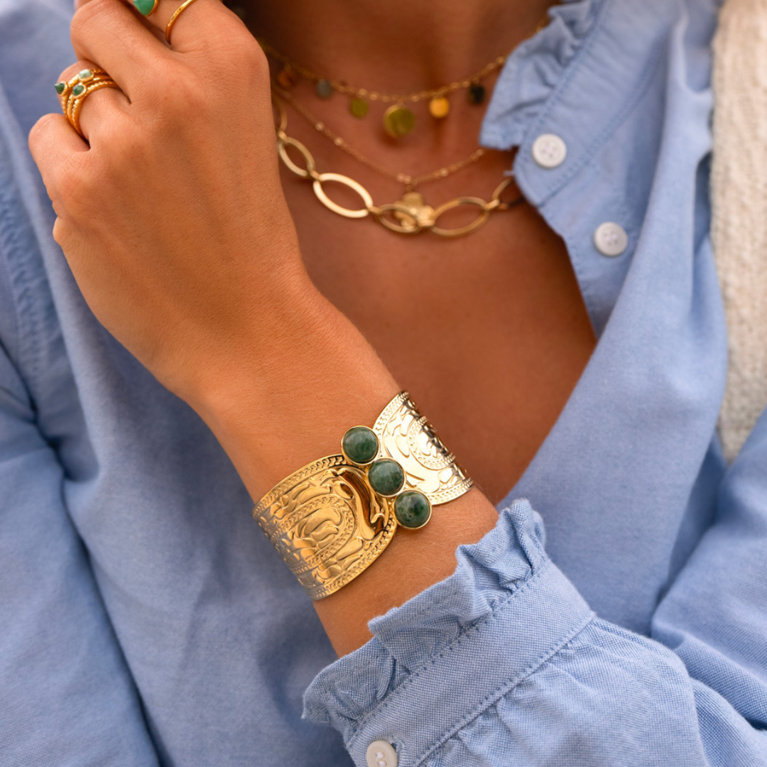 Bracelet fantaisie jonc martelé doré jaspe vert