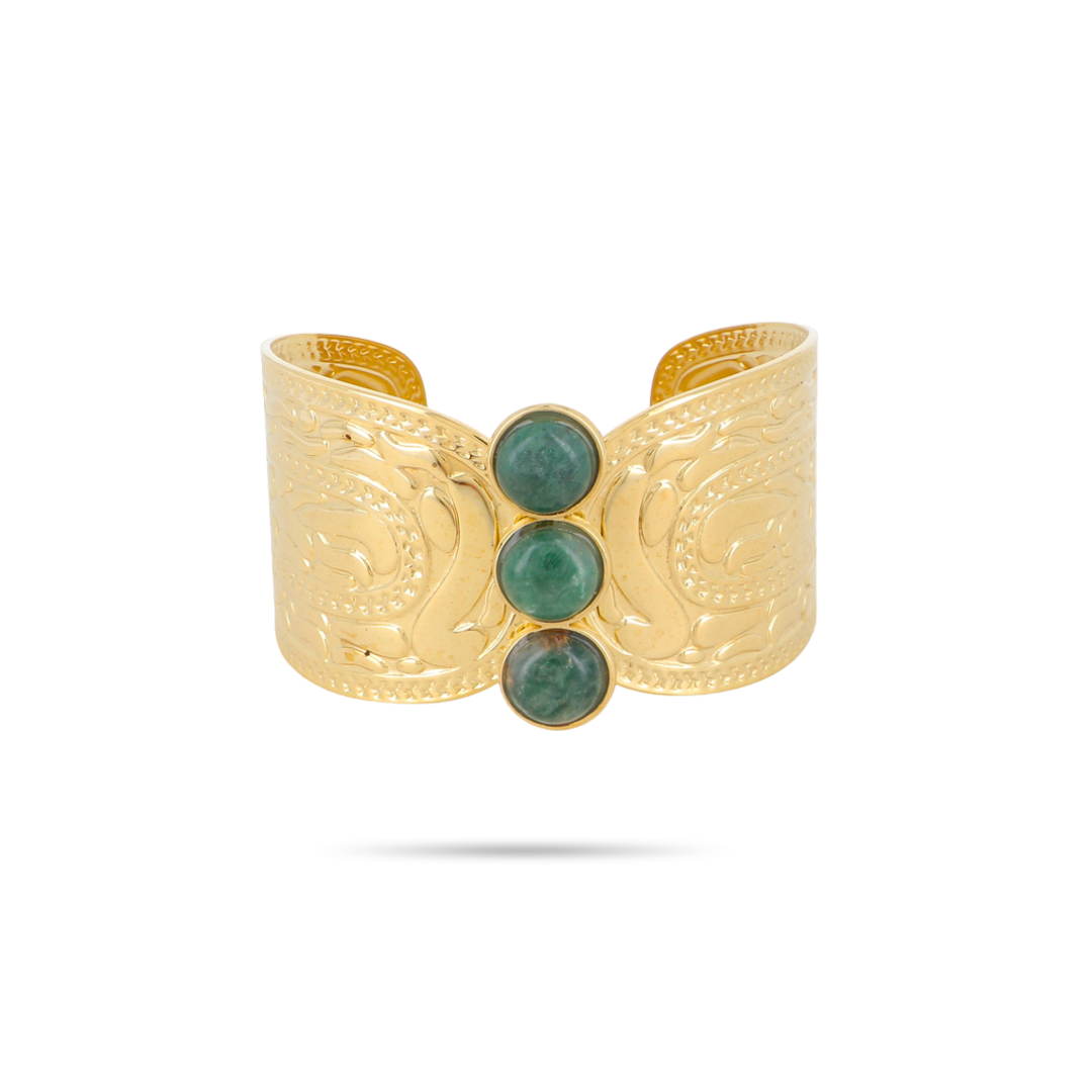 Bracelet fantaisie jonc martelé doré jaspe vert