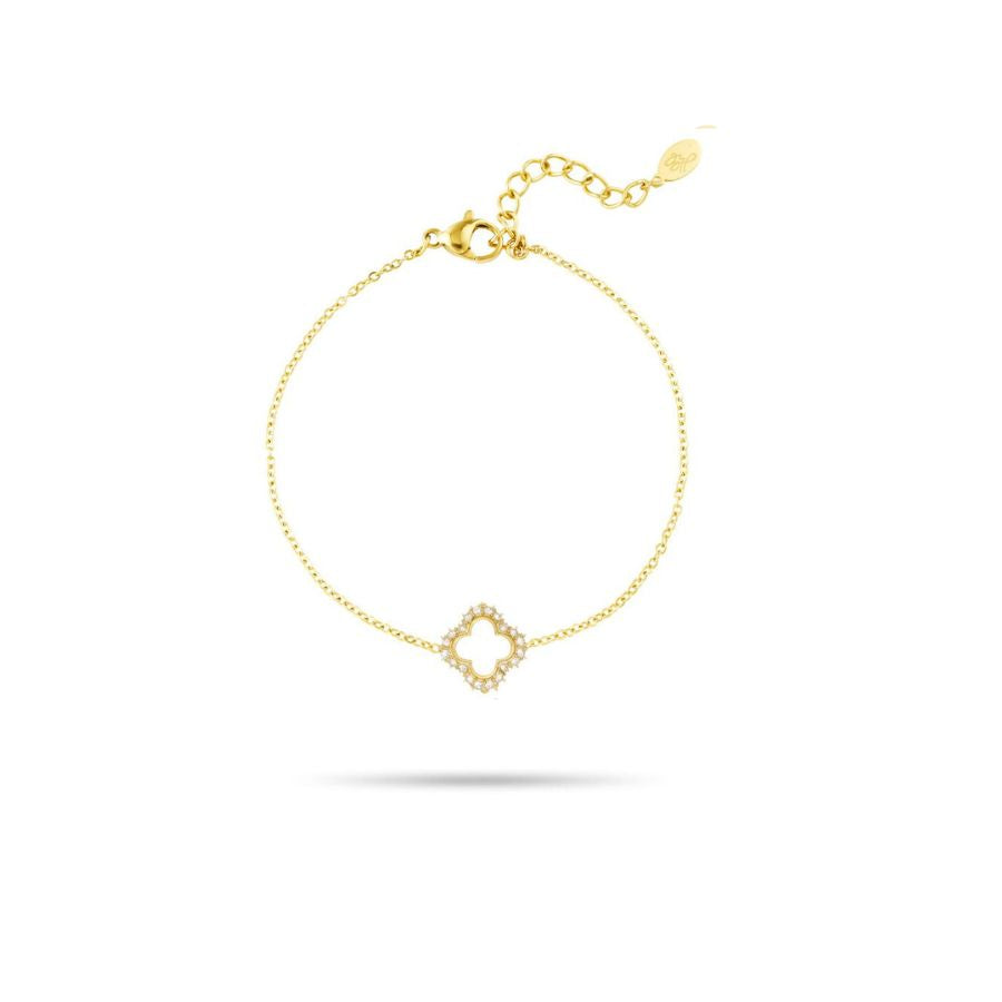 Bracelet pendentif trèfle avec strass en acier inoxydable doré | Liliana