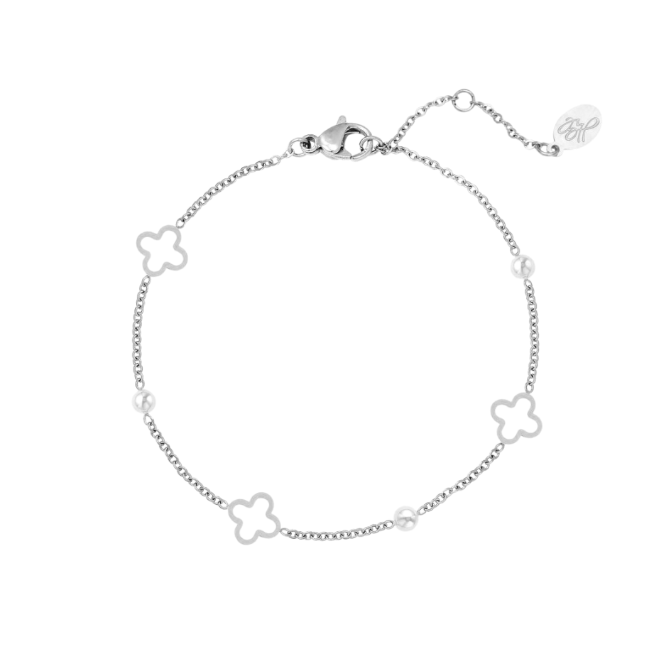 Bracelet trèfle et perles en acier inoxydable argenté