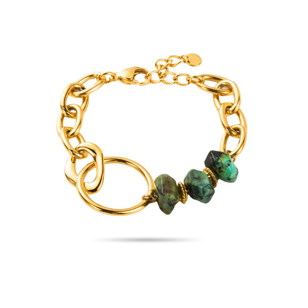 Bracelet turquoise africaine avec anneaux en acier inoxydable doré