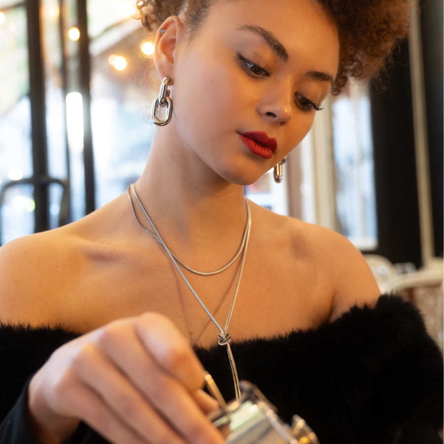 Sautoir Collier écharpe maille serpent en acier inoxydable argenté