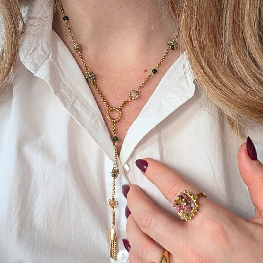 Collier en Y doré avec pierres naturelles de turquoise africaine