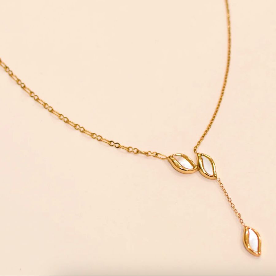Collier en Y original gouttes d'eau nacre blanche acier inoxydable doré - Jade
