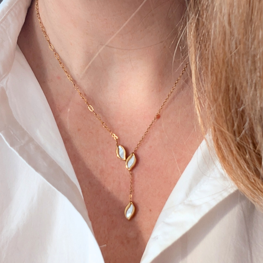 Collier en Y original gouttes d'eau nacre blanche acier inoxydable doré - Jade
