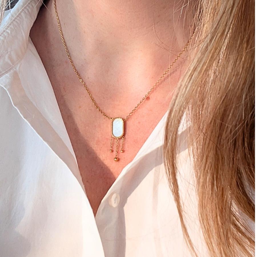 Collier pendentif en nacre blanche en acier inoxydable doré
