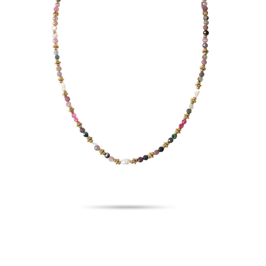 Collier fantaisie en pierres naturelles de tourmaline et perles d'eau douce