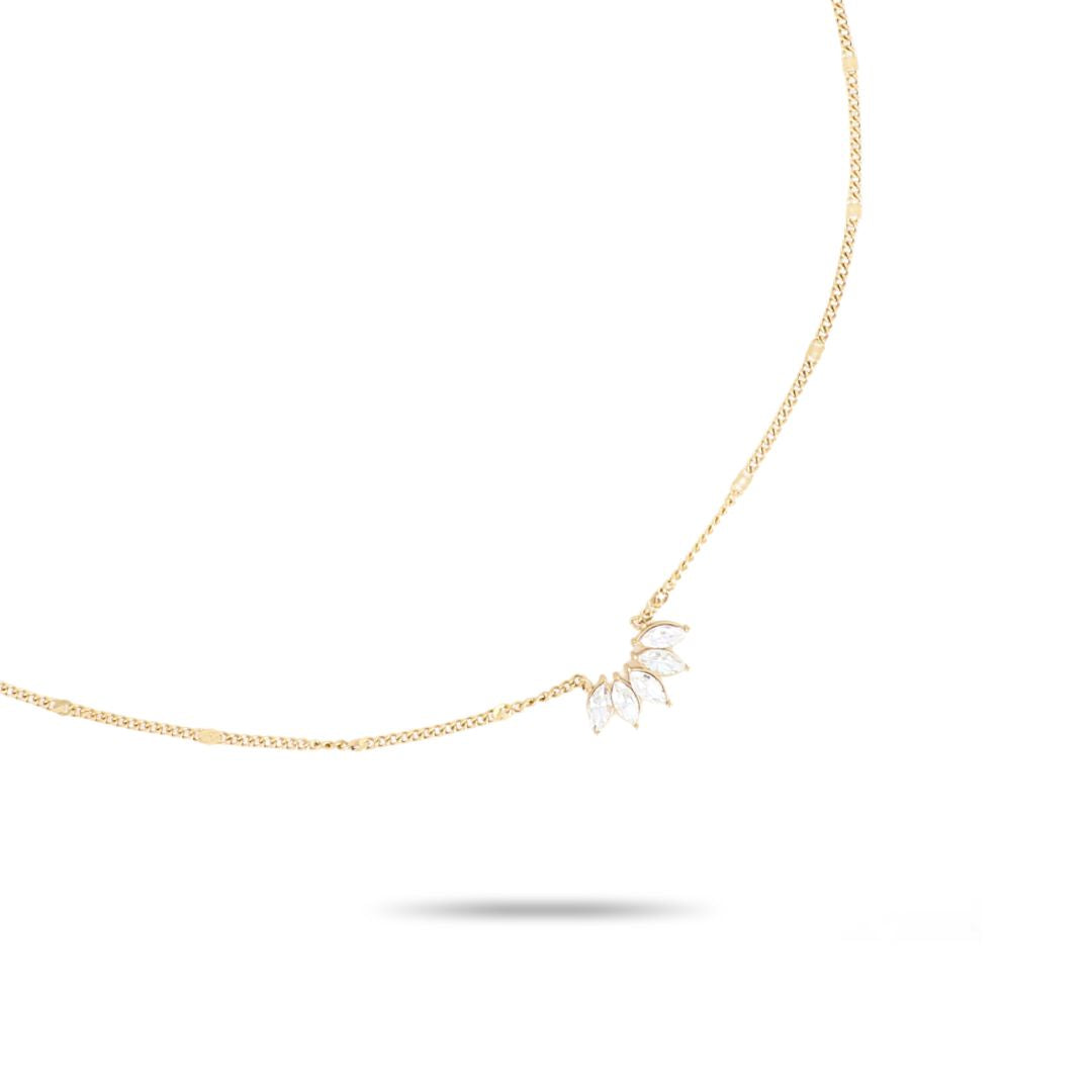 Collier fantaisie feuille strass blanc en acier inoxydable doré
